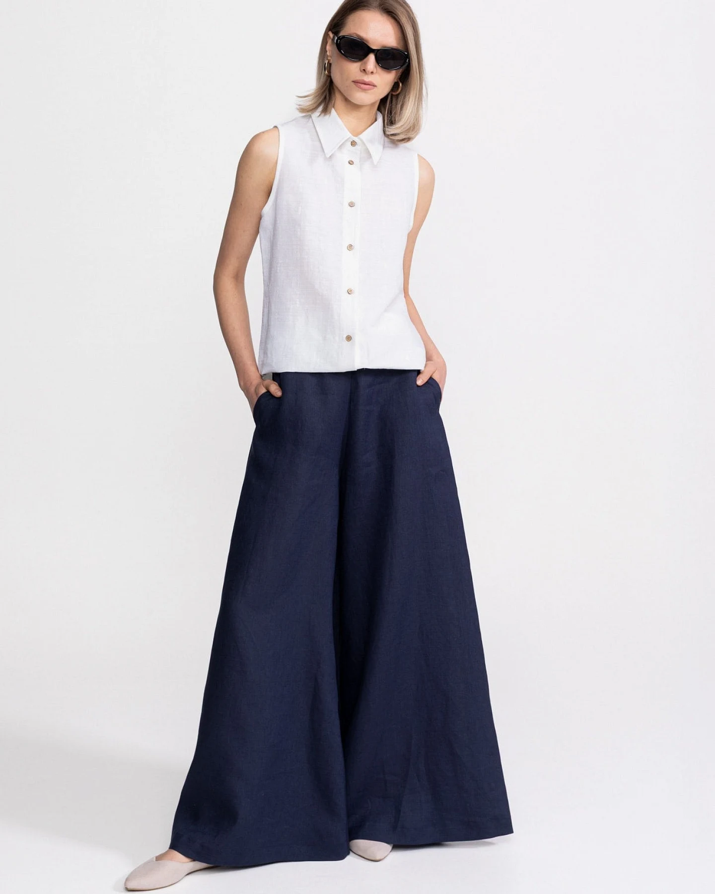 De IONESCU Damen vegan Hose Palazzo Leinen Marineblau – Ansicht 2