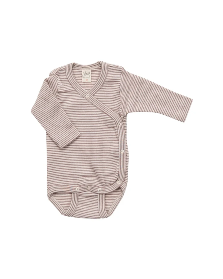Lilano Baby Wickelbody Langarm Wolle Seide beere-mauve geringelt Gr.62