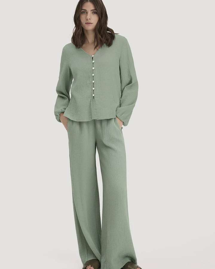 hessnatur Damen Musselin Hose Wide Leg aus Bio-Baumwolle - grün - Größe 34