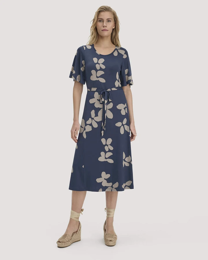 hessnatur Damen Print Jersey Kleid kniebedeckend Slim aus TENCEL™ Lyocell - blau - Größe 34