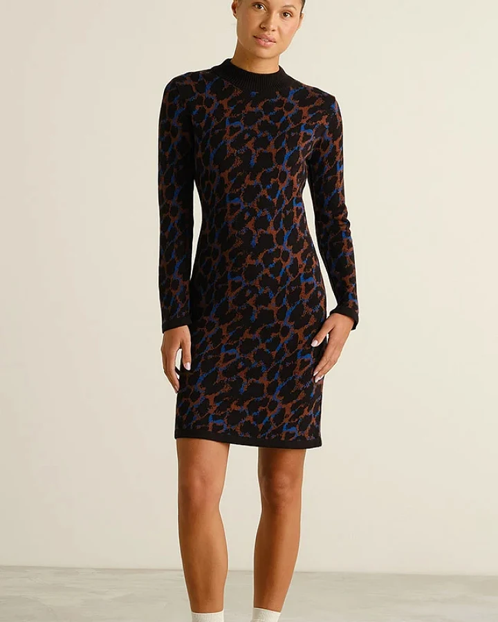 DEDICATED Damen vegan Kleid Lo Leopard Schwarz/Blau/Braun