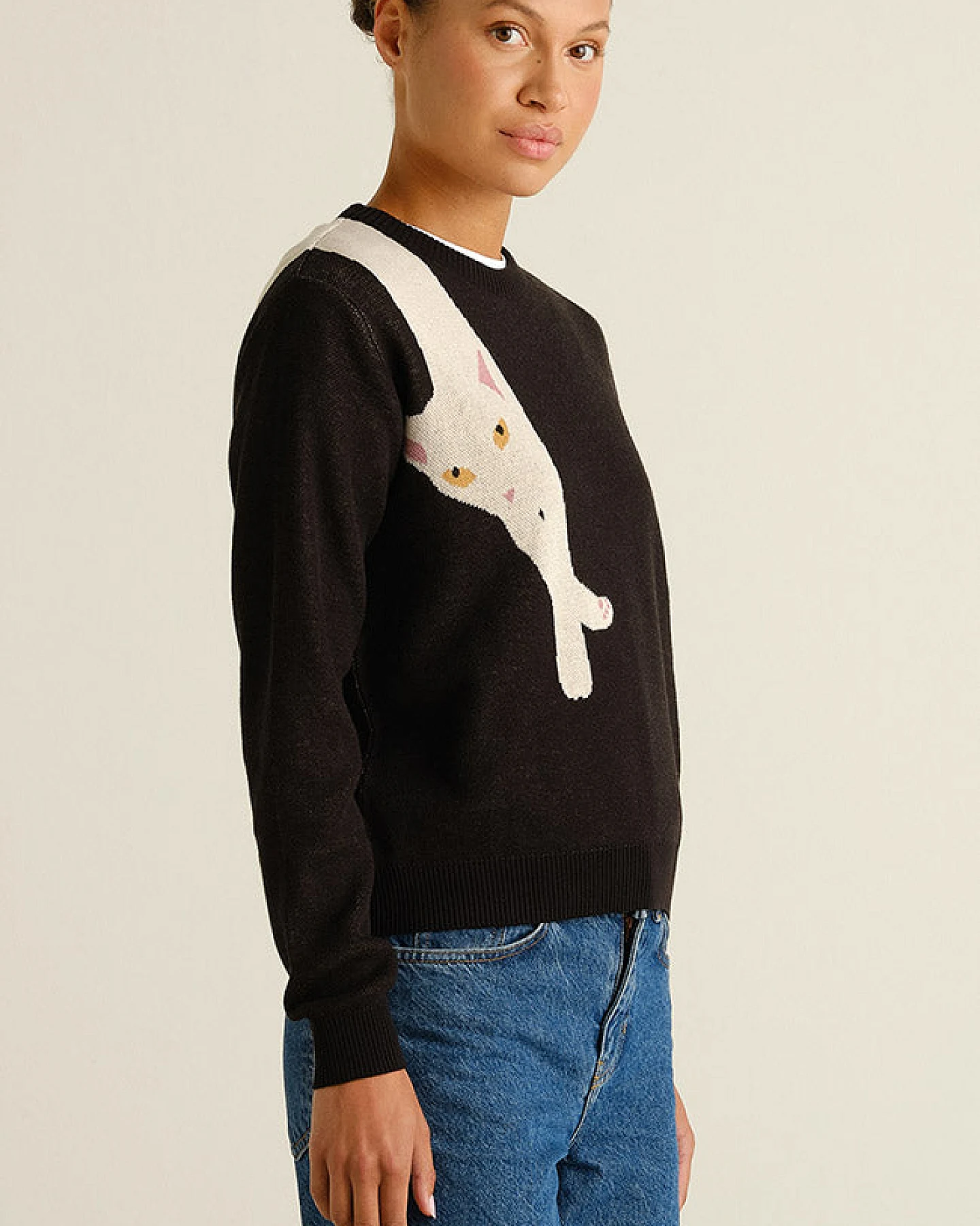 DEDICATED Damen vegan Pullover Arendal Long Cat Schwarz – Ansicht 2