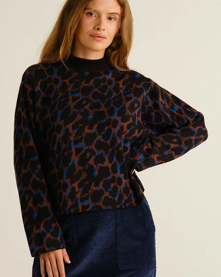 DEDICATED Damen vegan Pullover Limhamn Leopard Blau/Braun/Schwarz