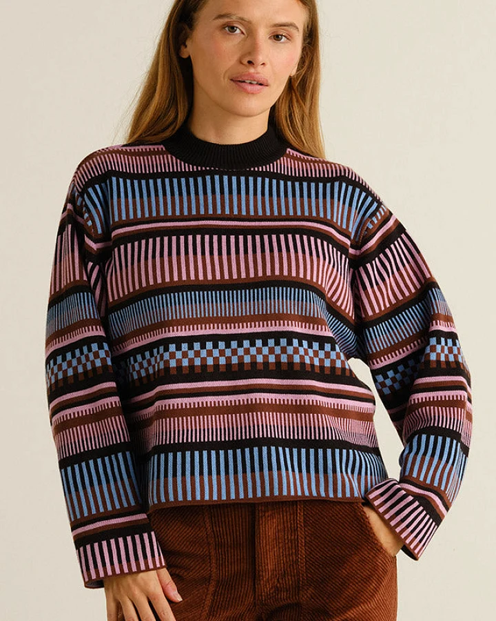 DEDICATED Damen vegan Pullover Limhamn Mit Gestrichelten Streifen – Rosa/Blau/Braun