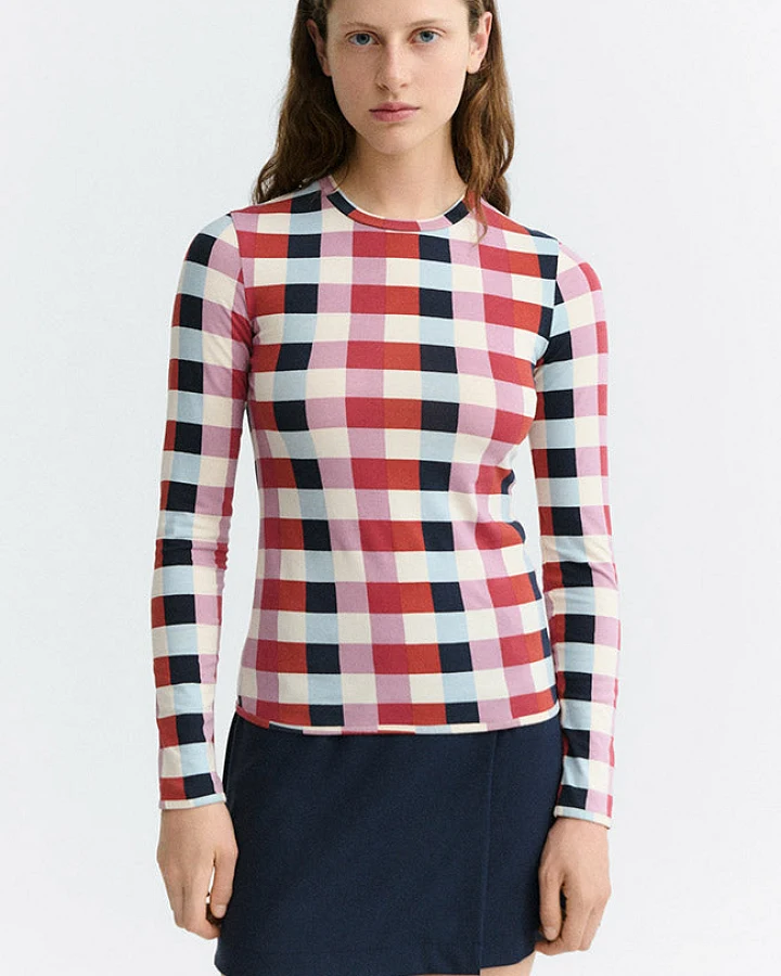Thinking MU Damen vegan Top Brisa Cheshire Checks Rot Blau Weiß
