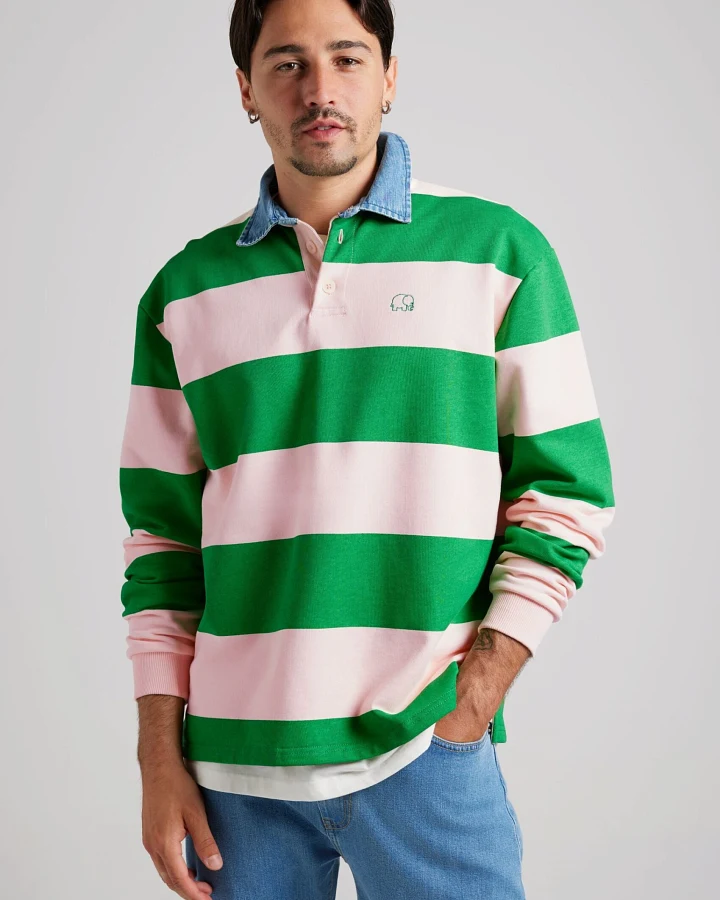 Trendsplant Herren vegan Pullover Yard Rugby Polo, Fern Green/Cloud Pink