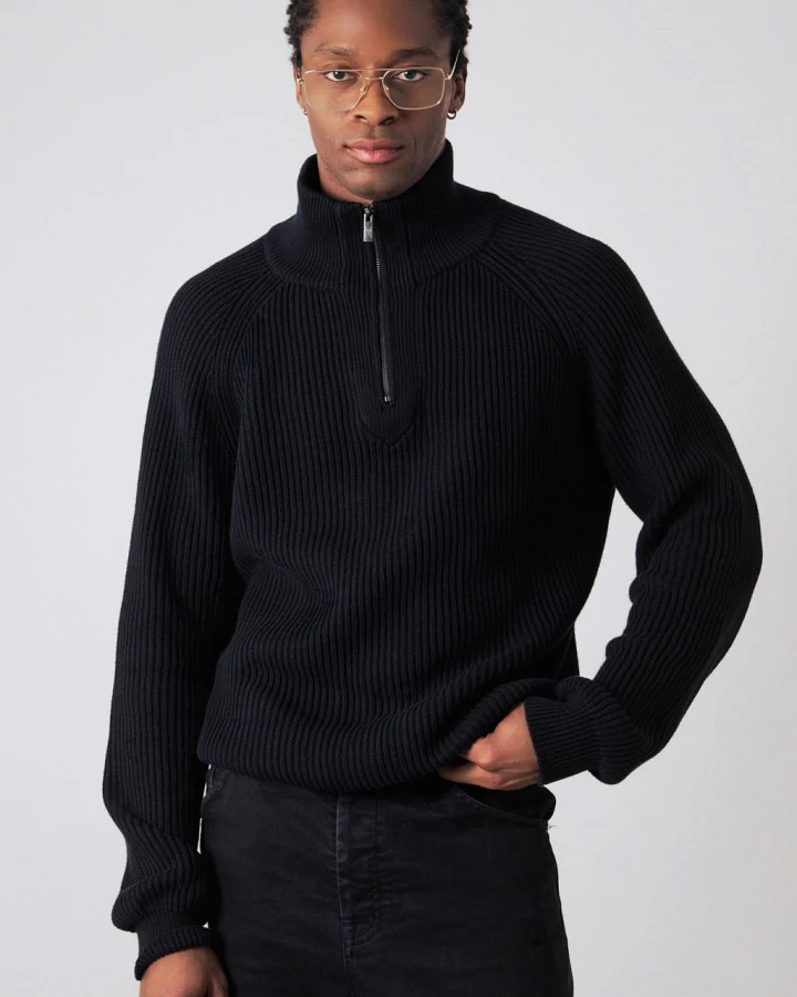 Honest Basics Herren vegan Half-Zip Pullover Strick Schwarz