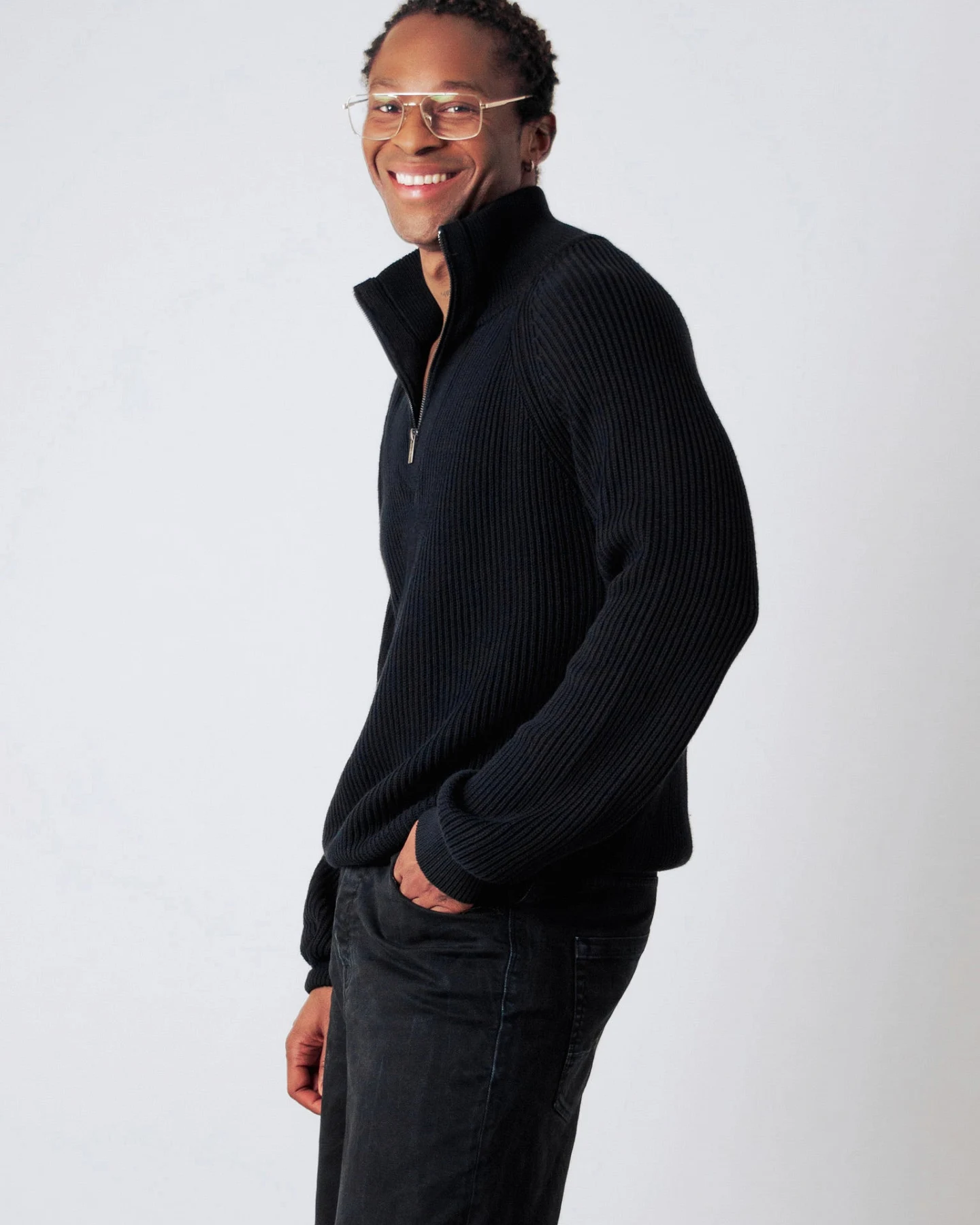 Honest Basics Herren vegan Half-Zip Pullover Strick Schwarz – Ansicht 2