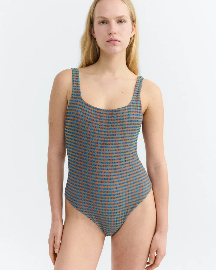 Thinking MU Damen vegan Badeanzug Amalfi Seersucker Orange/ Blau