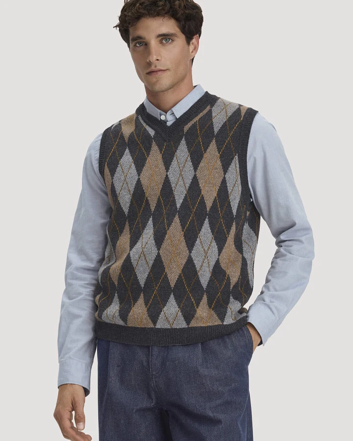 hessnatur Herren Argyle Strick-Pullunder Regular aus Schurwolle und Bio-Baumwolle - grau - Größe L