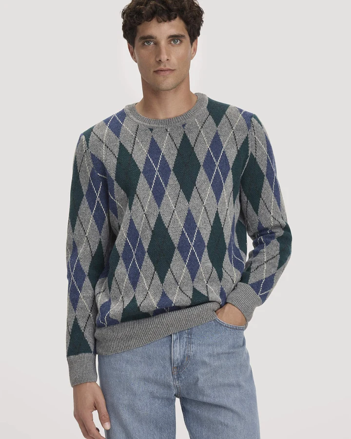 hessnatur Herren Argyle Strickpullover Regular aus Schurwolle und Bio-Baumwolle - grau - Größe L