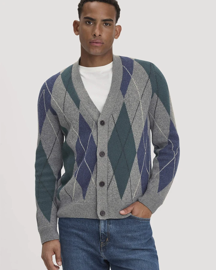 hessnatur Herren Argyle Strick Cardigan Regular aus Schurwolle und Bio-Baumwolle - grau - Größe L