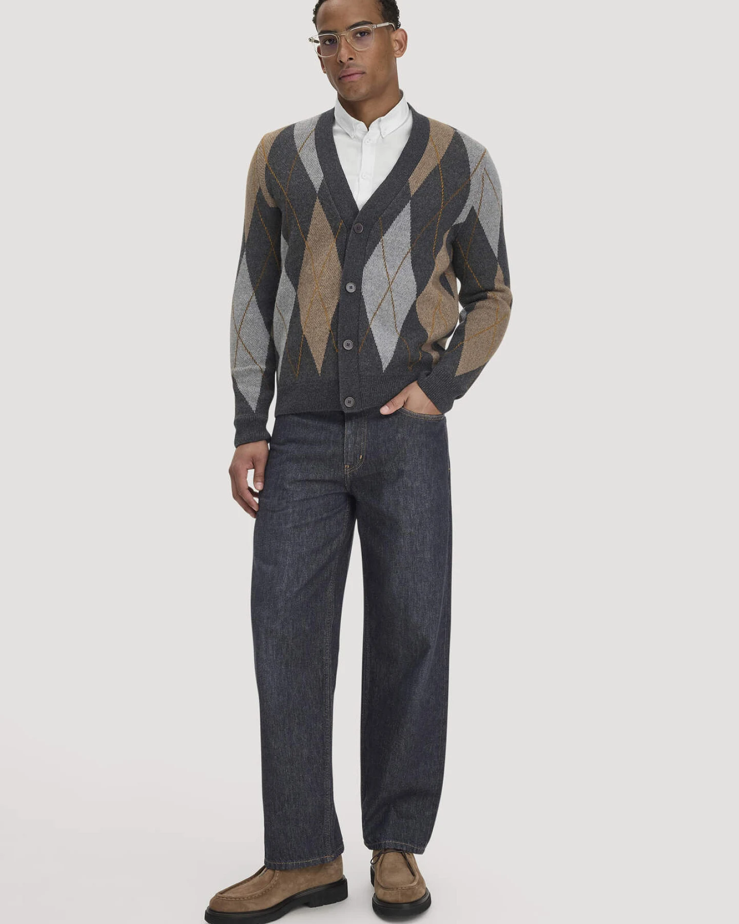 hessnatur Herren Argyle Strick Cardigan Regular aus Schurwolle und Bio-Baumwolle - grau - Größe XL – Ansicht 2