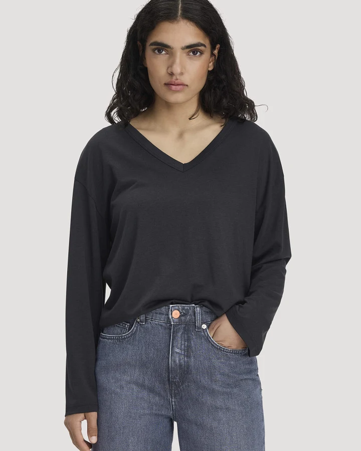 hessnatur Damen Longsleeve Oversize aus TENCEL™ Lyocell und Bio-Baumwolle - schwarz - Größe L