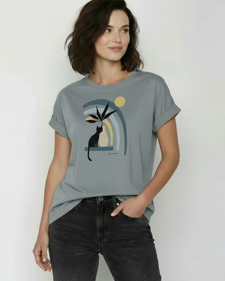 GREENBOMB Cat Vase Loony - Sportliches T-Shirt aus Bio-Baumwolle mit Rollup Sleeve / hochwertiger Print / GOTS / Fair & Vegan