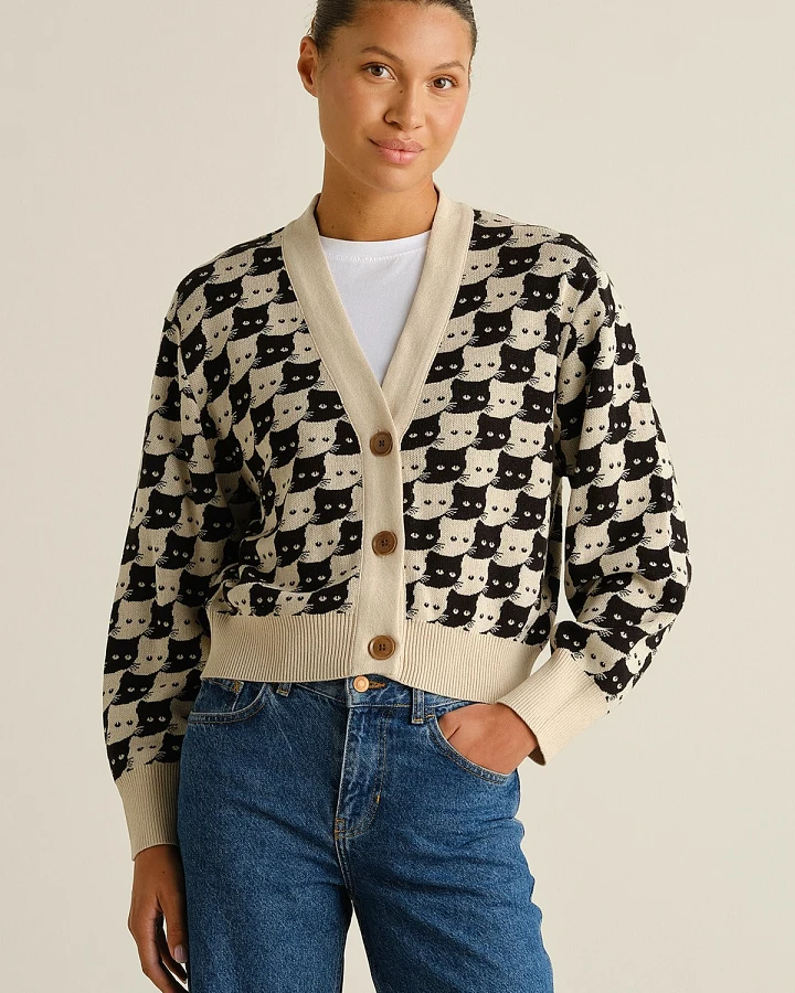 Cardigan Kanan Pepita Cats Oat White Off White
