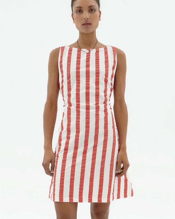 Thinking MU Damen vegan Kleid Seersucker Cecile Gestreift Rot