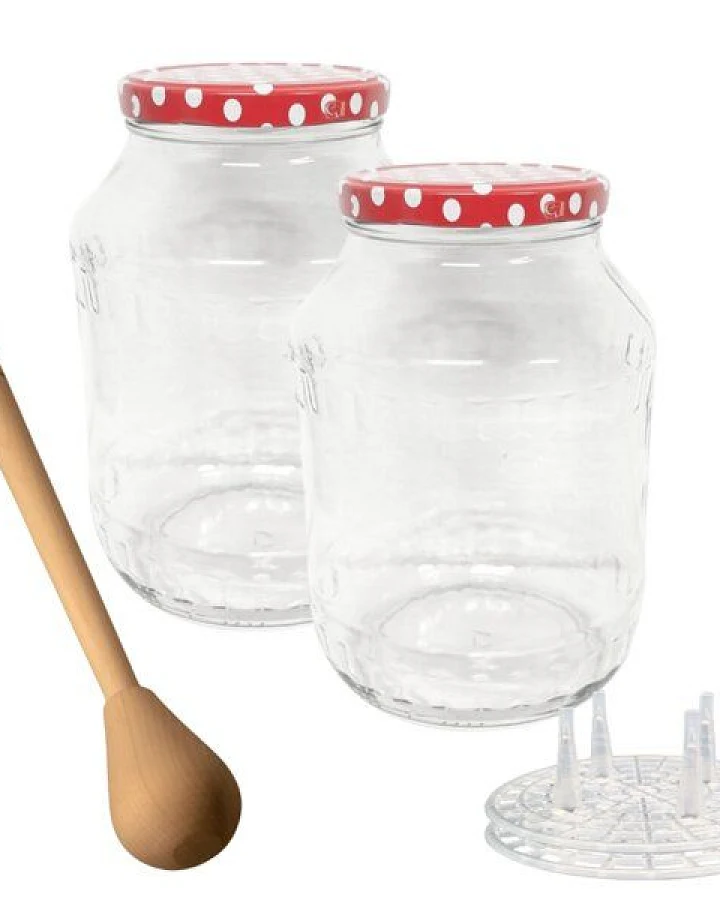 mikken Fermentier Starter Set - Große Einmachgläser 2,65 Liter mit Fermentier Gitter, Holzstampfer und Deckel