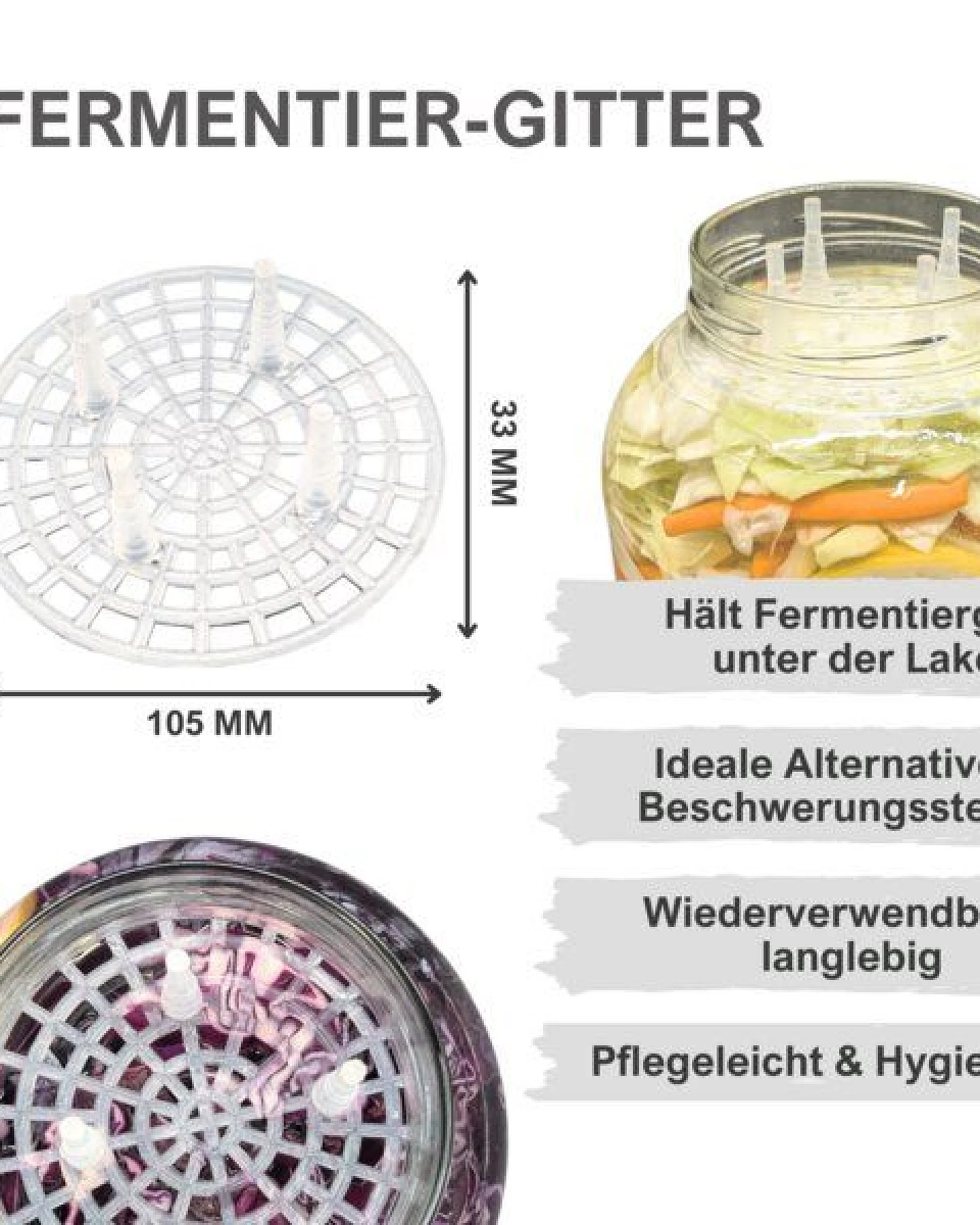 mikken Fermentier Starter Set - Große Einmachgläser 2,65 Liter mit Fermentier Gitter, Holzstampfer und Deckel – Ansicht 3