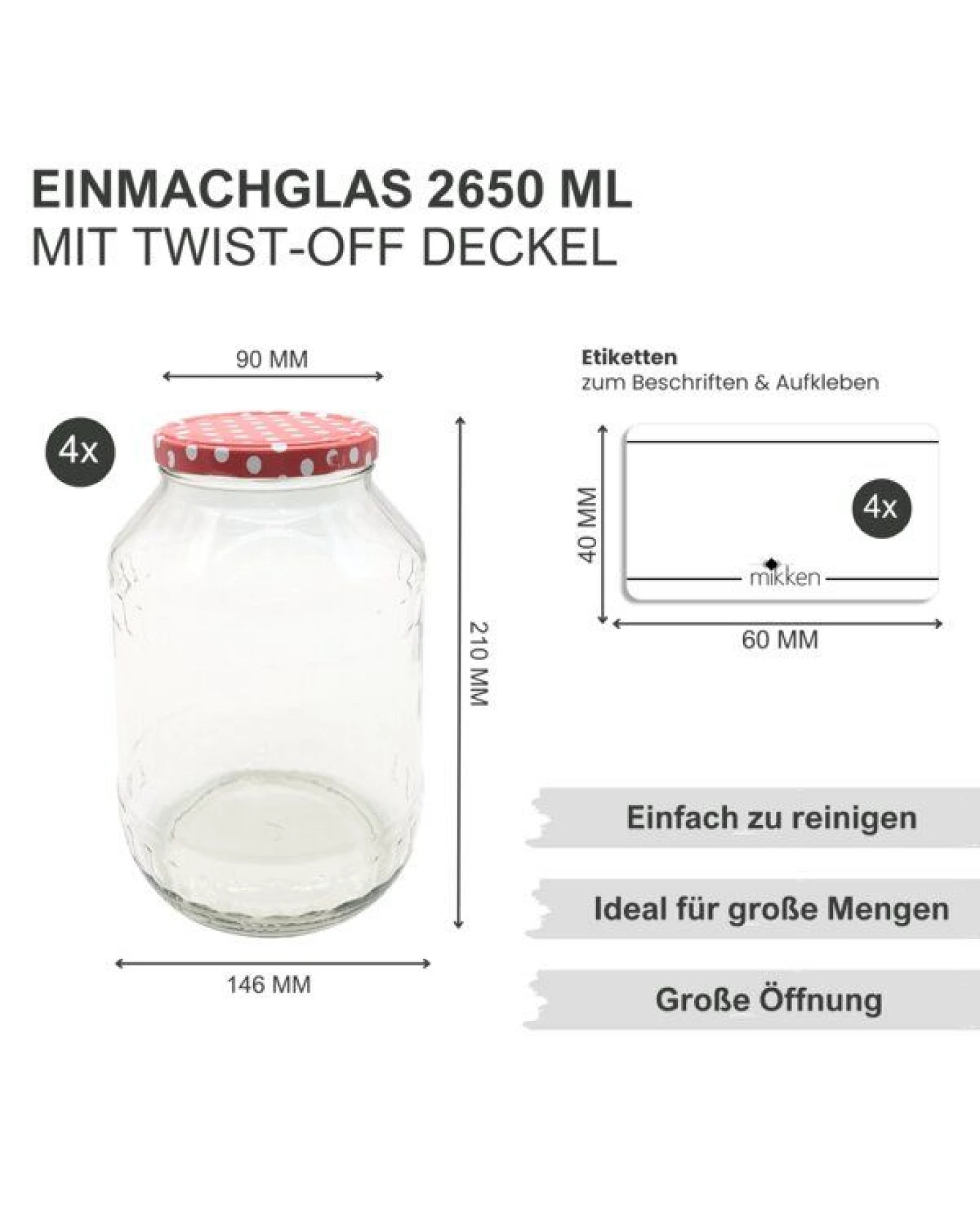 mikken Große Einmachgläser 2650 ml Vorratsgläser mit Deckel (TO100) – Ansicht 2
