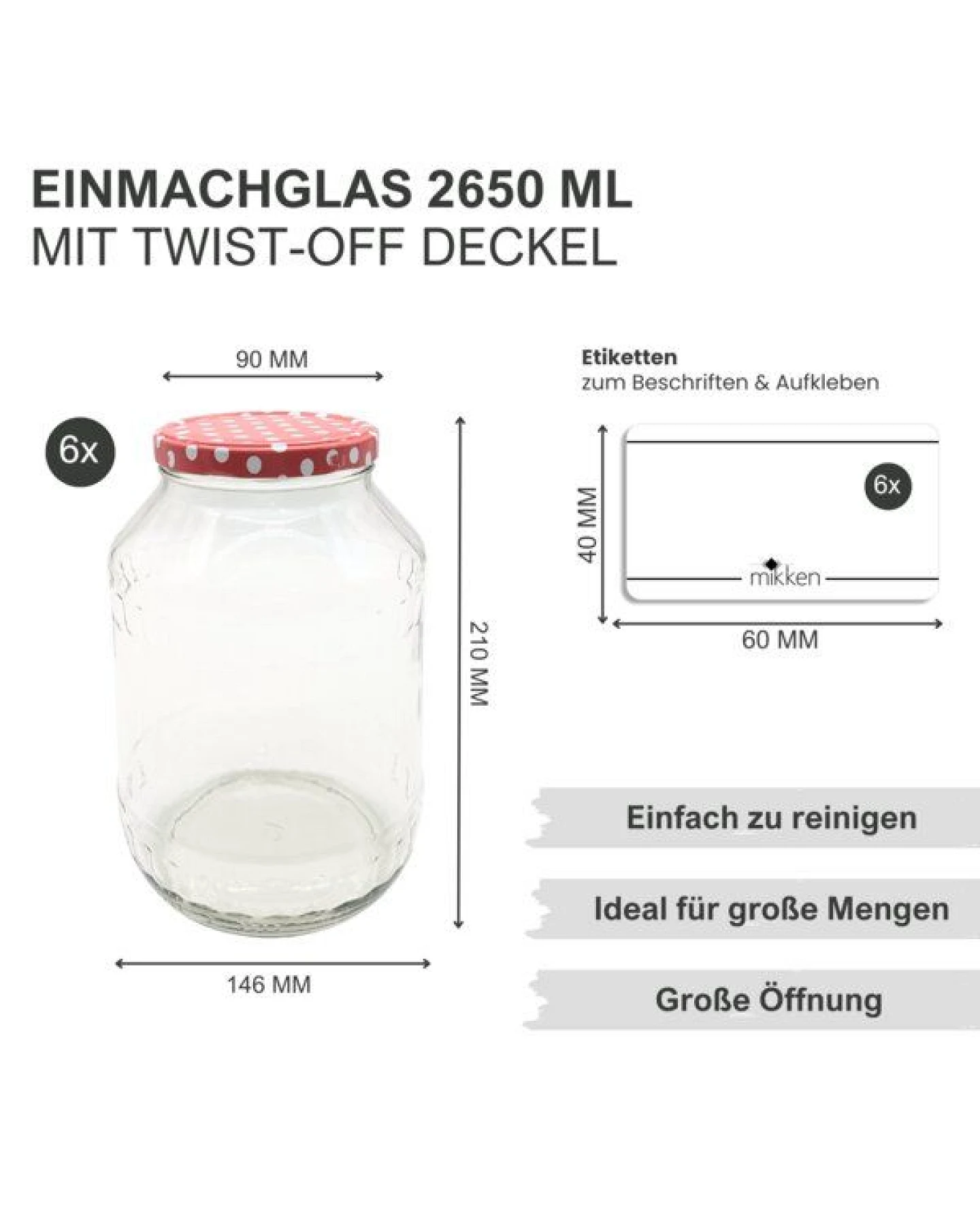 mikken Große Einmachgläser 2650 ml Vorratsgläser mit Deckel (TO100) – Ansicht 2