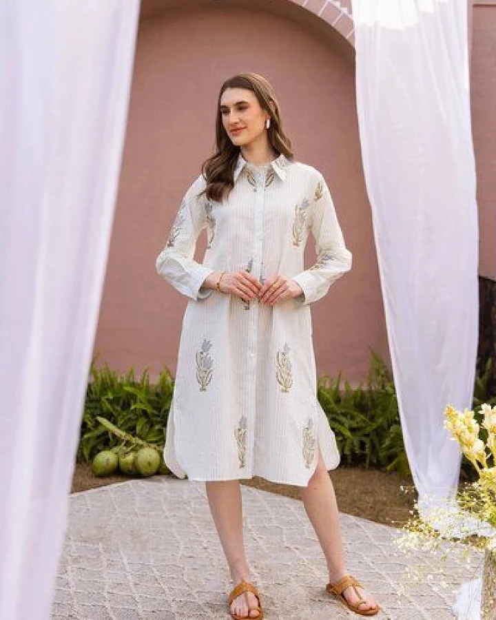 Haus of Namaste Bio-Baumwoll-Tunika mit Geometrischem Muster – Handbedrucktes Tunikakleid mit Taschen