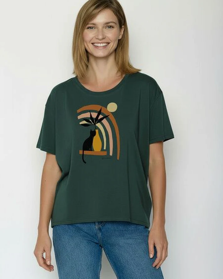 GREENBOMB Cat Vase Feel - Lässiges T-Shirt aus Bio-Baumwoll-Mix / hochwertiger Print / GOTS / Fair & Vegan