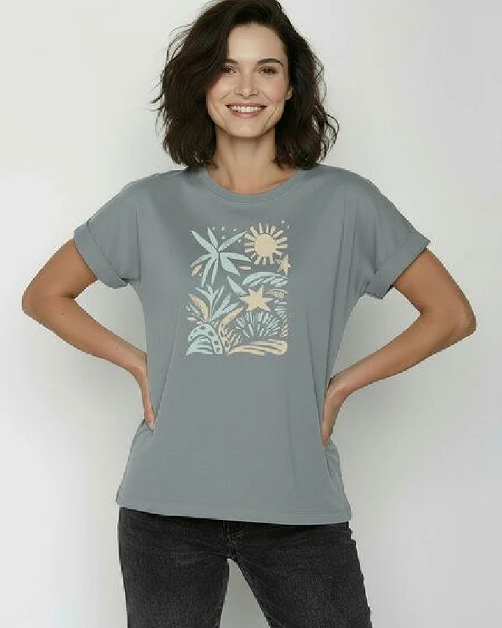 GREENBOMB Plants n Leaves Loony - Sportliches T-Shirt aus Bio-Baumwolle mit Rollup Sleeve / hochwertiger Print / GOTS / Fair & Vegan