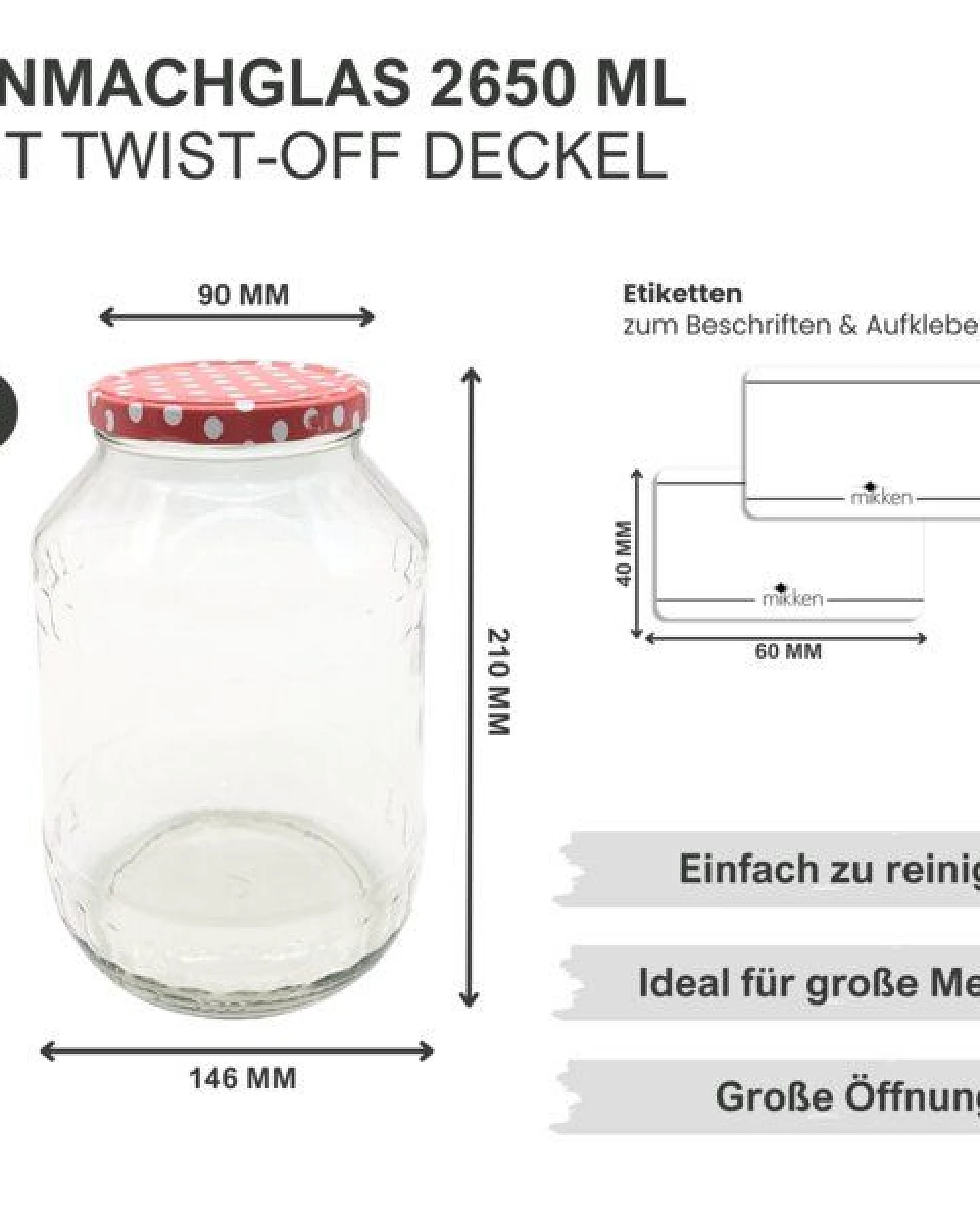 mikken Große Einmachgläser 2650 ml Vorratsgläser mit Deckel (TO100) – Ansicht 2