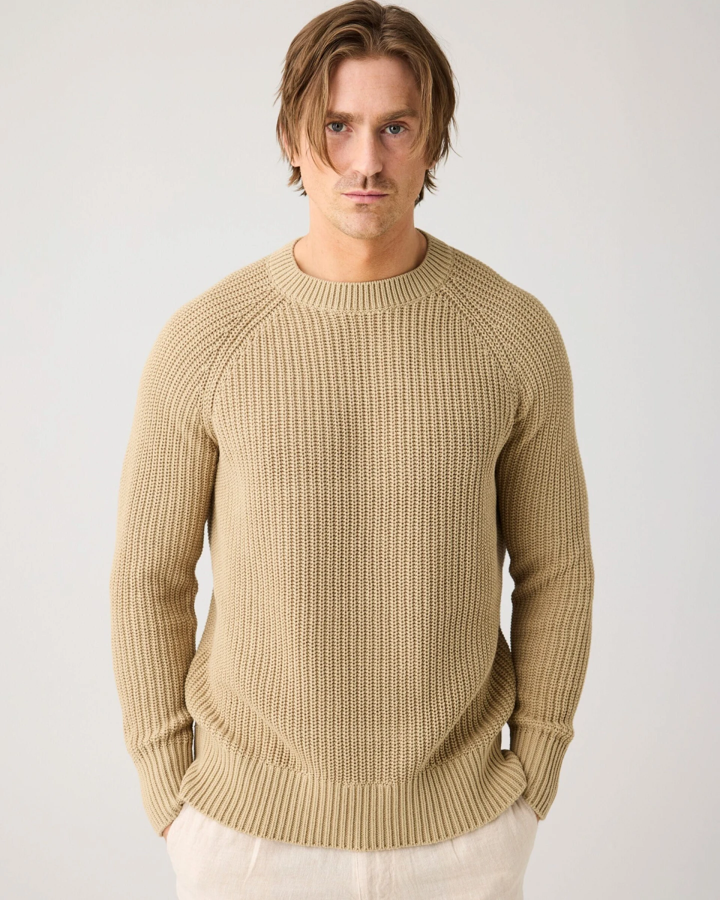 KnowledgeCotton Apparel Herren vegan Strickpullover Raglan Twill Beige – Ansicht 2