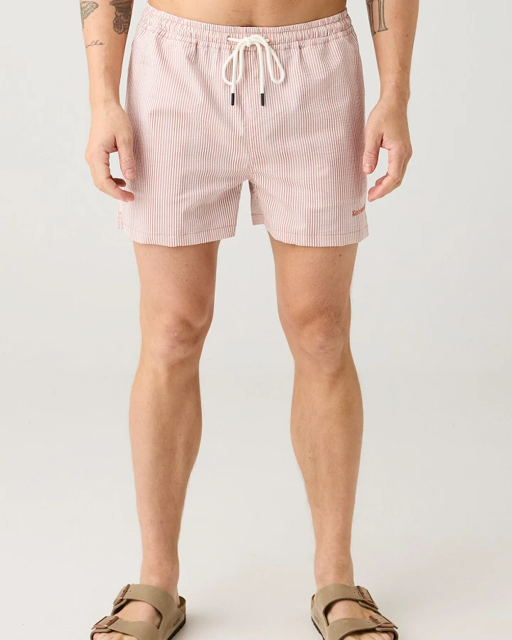 KnowledgeCotton Apparel Herren vegan Badeshorts Mid Thigh Seersucker Red Stripe