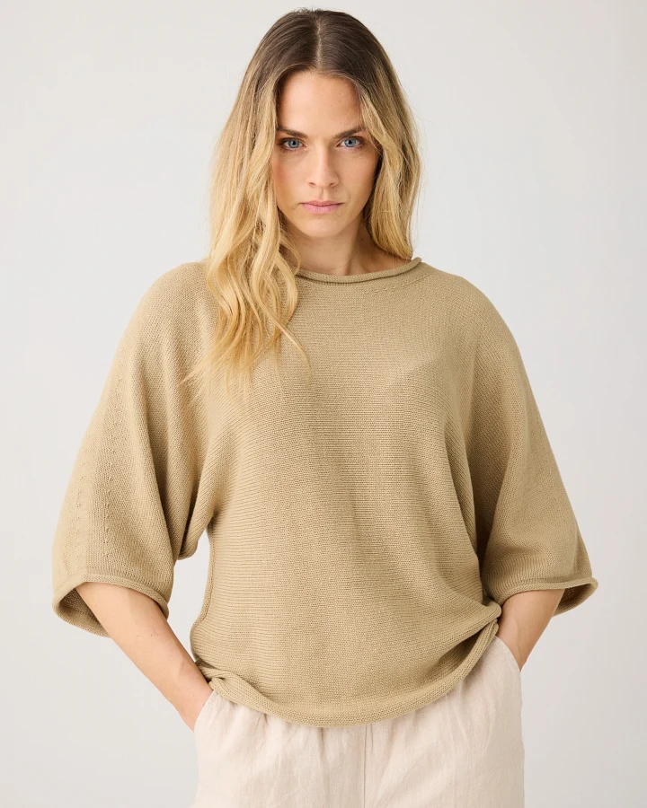 KnowledgeCotton Apparel Damen vegan Strickoberteil Fledermausärmel Twill Beige
