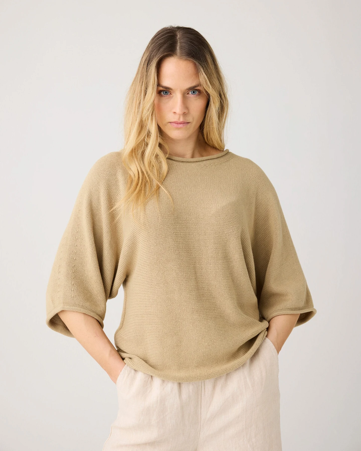 KnowledgeCotton Apparel Damen vegan Strickoberteil Fledermausärmel Twill Beige – Ansicht 2
