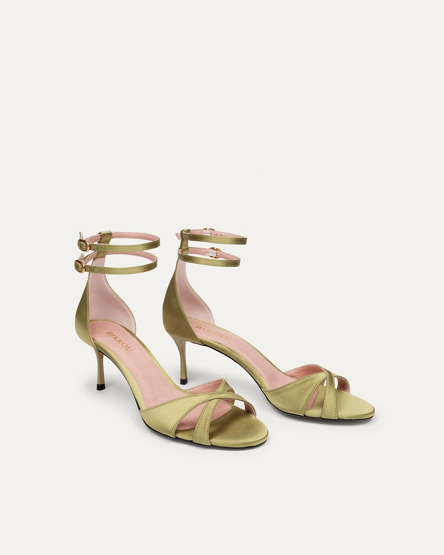 BIKKOU Damen vegan Sandalen Sommer Mittagessen Grüner Satin – Ansicht 2
