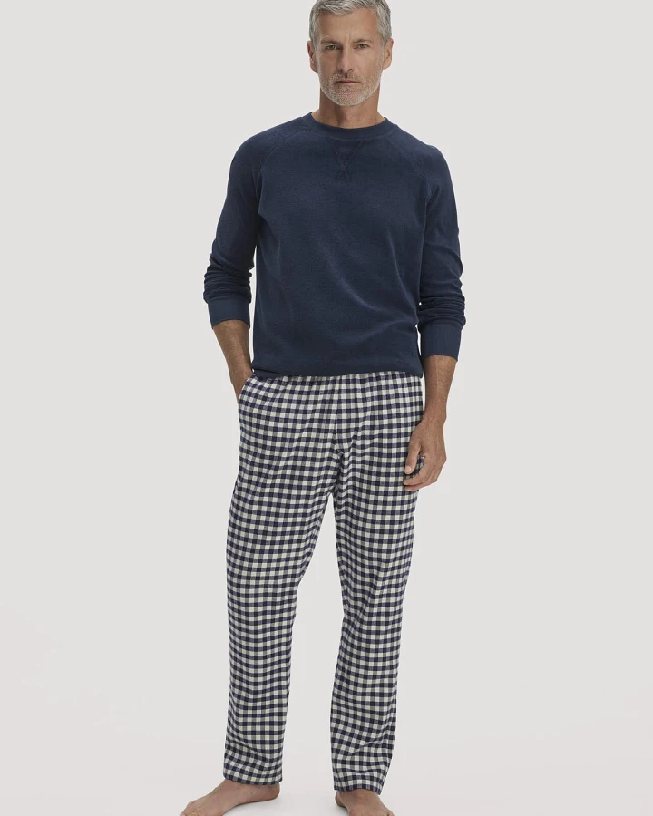 hessnatur Herren Flanell Schlafhose PURE COTTON aus Bio-Baumwolle mit TENCEL™ Lyocell - blau - Größe L