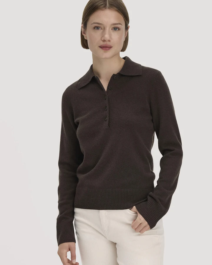hessnatur Damen Polo-Pullover Regular aus Bio-Schurwolle mit Cahsmere - braun - Größe L