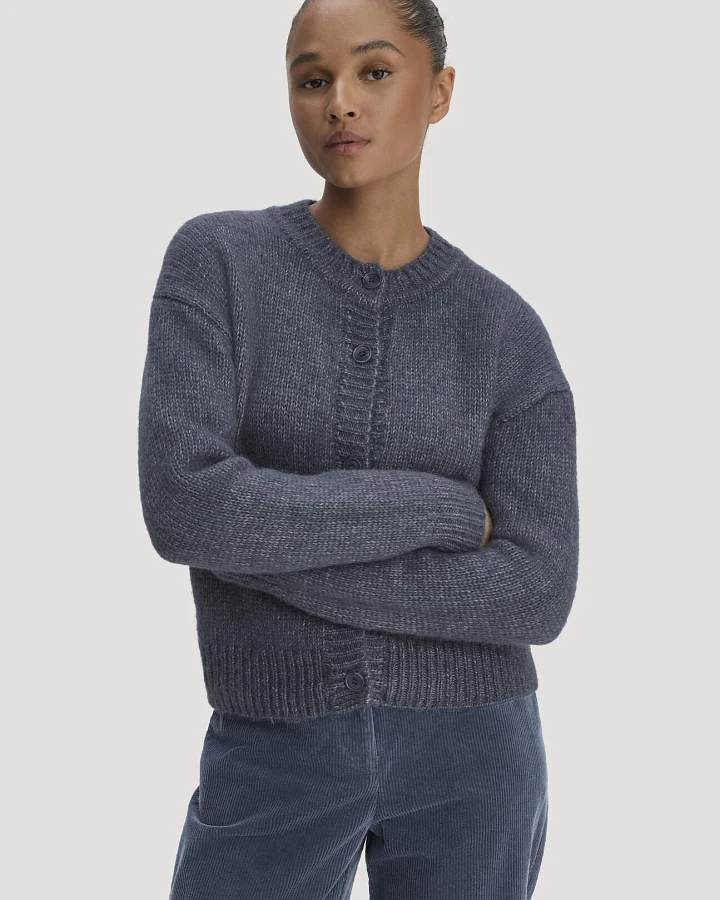 hessnatur Damen Strickjacke Relaxed aus Alpaka und Bio-Baumwolle - blau - Größe L