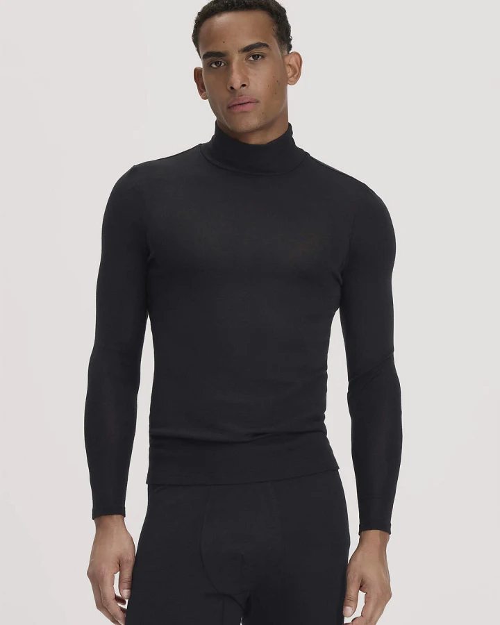 hessnatur Herren Roll-Neck Longsleeve Fitted aus Bio-Merinowolle und Seide - schwarz - Größe XL