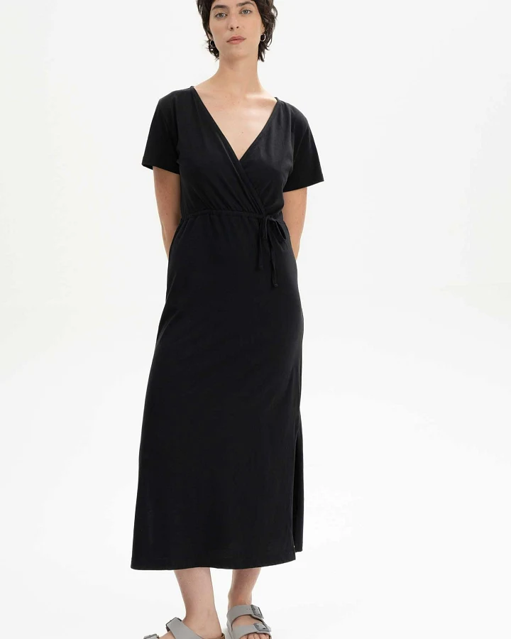MELA Damen vegan Kleid V-Ausschnitt Lang Shreoshi Schwarz