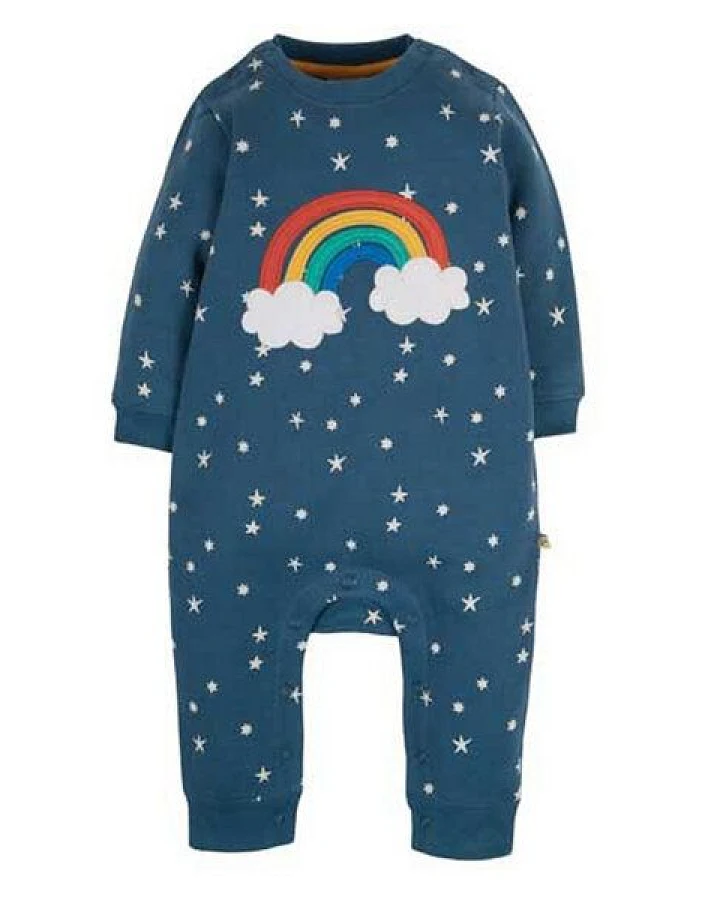 Frugi Baby-Strampler Regenbogen/Wolken in blau mit Sternen - Snug and Cosy Romper