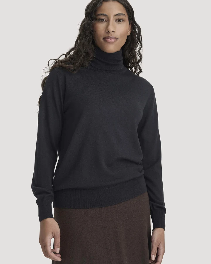 hessnatur Damen Rollkragenpullover Relaxed aus Bio-Merinowolle - schwarz - Größe M