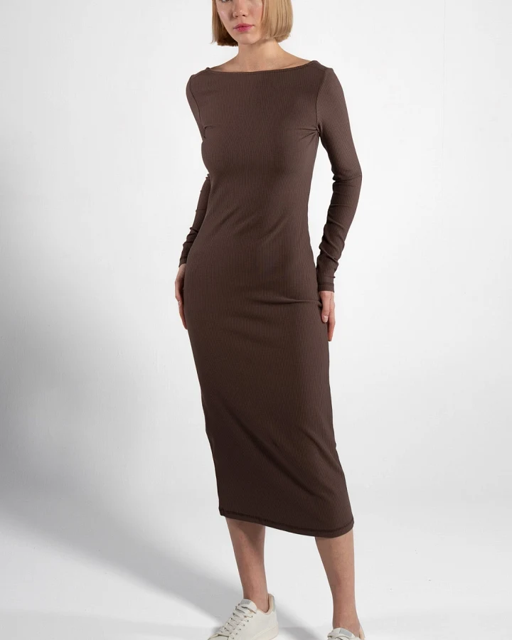 GORG Damen vegan Kleid Langärmelig Gerippt Mokka Braun