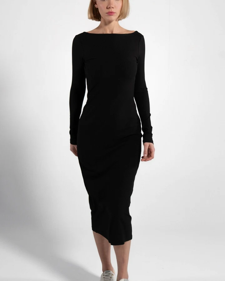 GORG Damen vegan Kleid Langarm Gerippt Schwarz