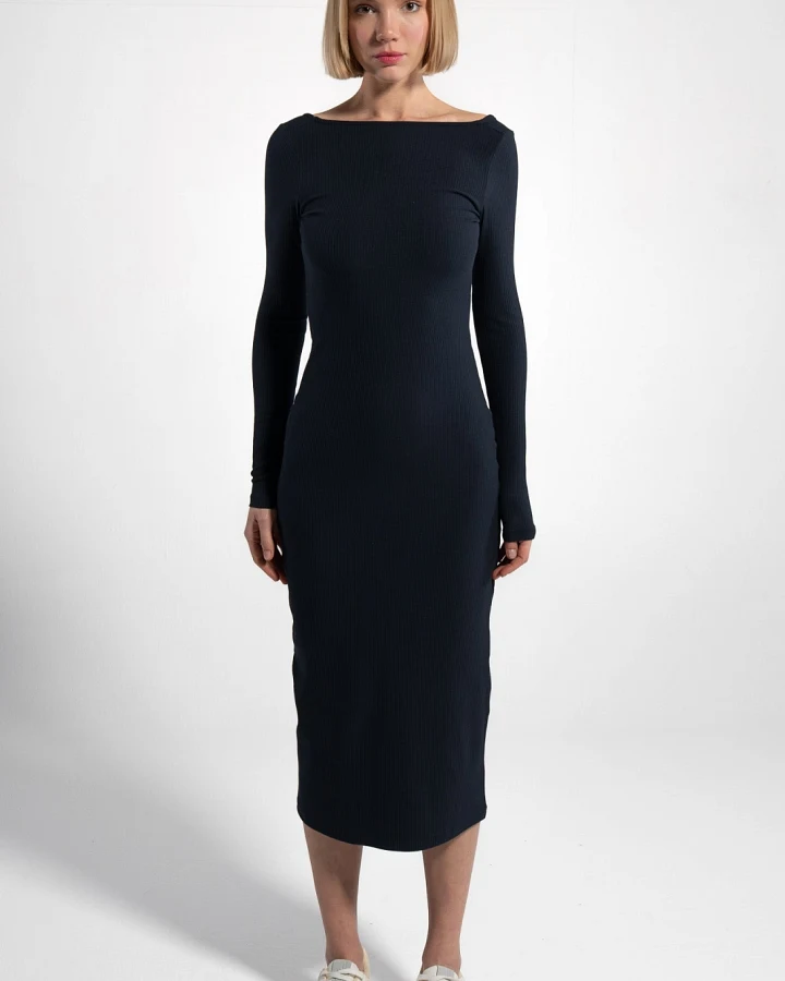 GORG Damen vegan Kleid Langarm Gerippt Navy