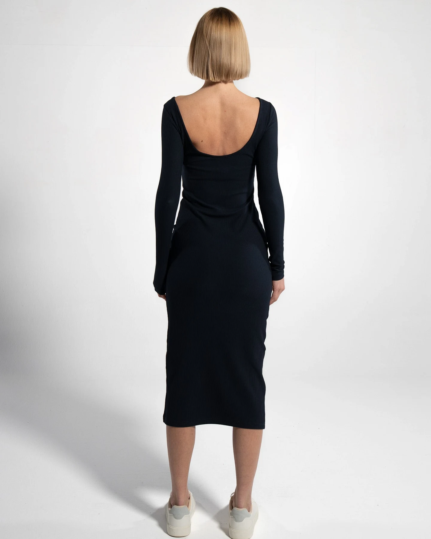 GORG Damen vegan Kleid Langarm Gerippt Navy – Ansicht 2