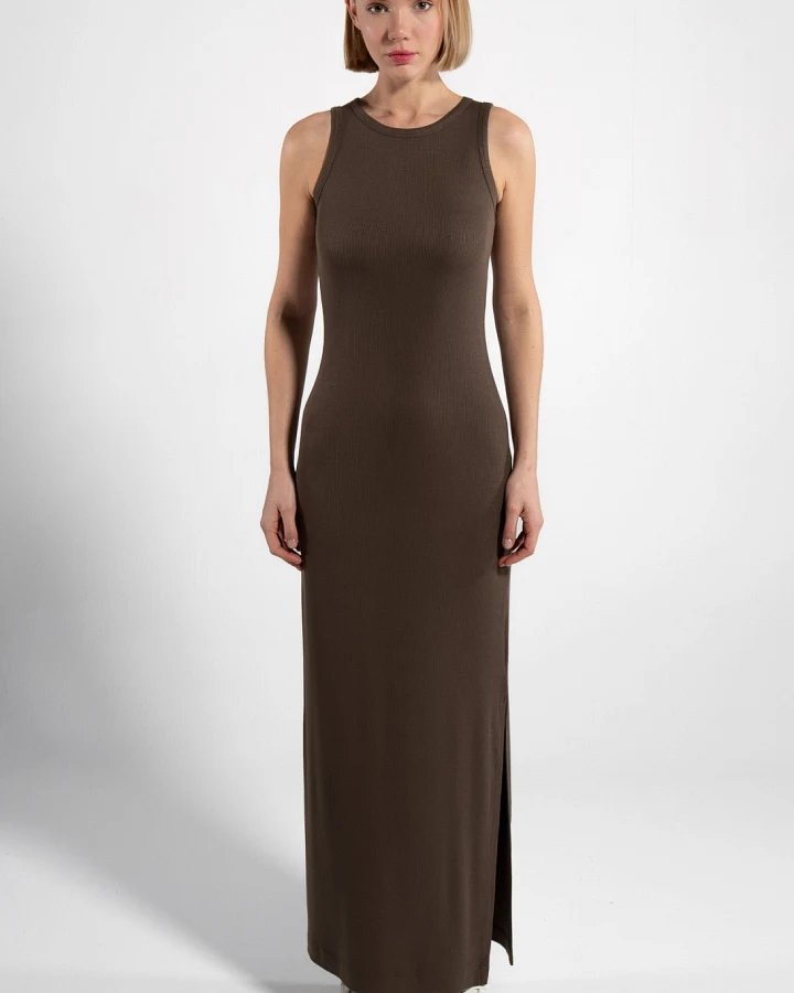 GORG Damen vegan Kleid Ärmellos Olivbraun
