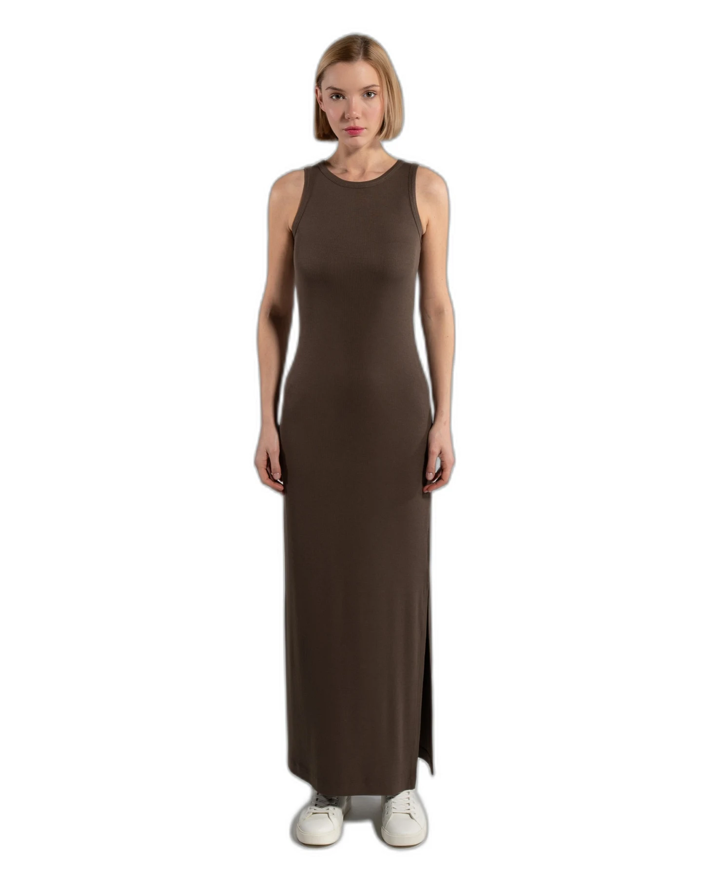 GORG Damen vegan Kleid Ärmellos Olivbraun – Ansicht 2