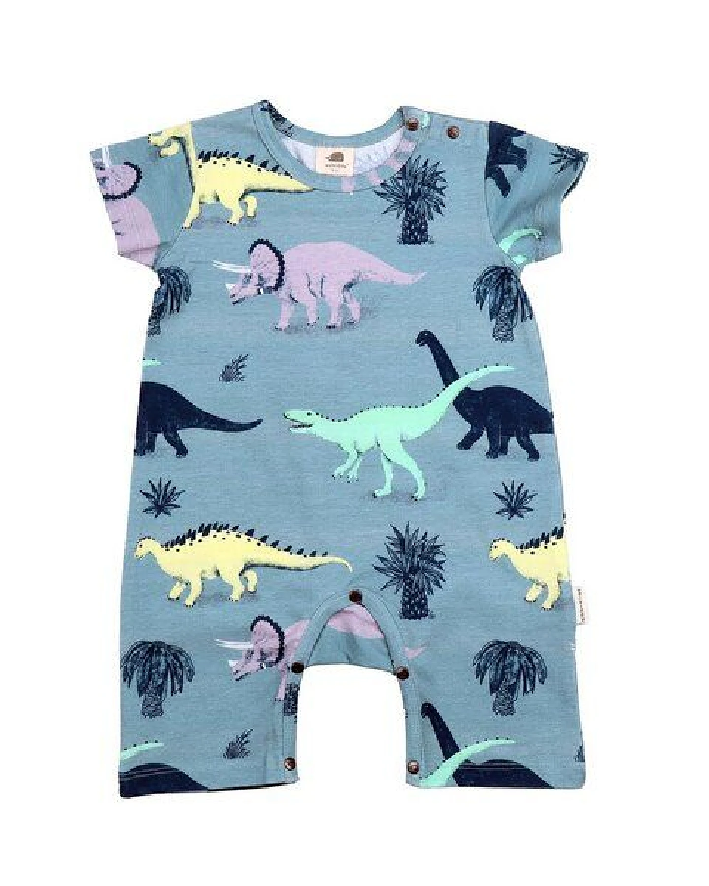 Baby Kurzarm-Body GOTS-zertifiziert aus Bio-Baumwolle, Running Dinosaurs, kurzer Beinabschluss, blau – Walkiddy, weich & spielbereit – Ansicht 2