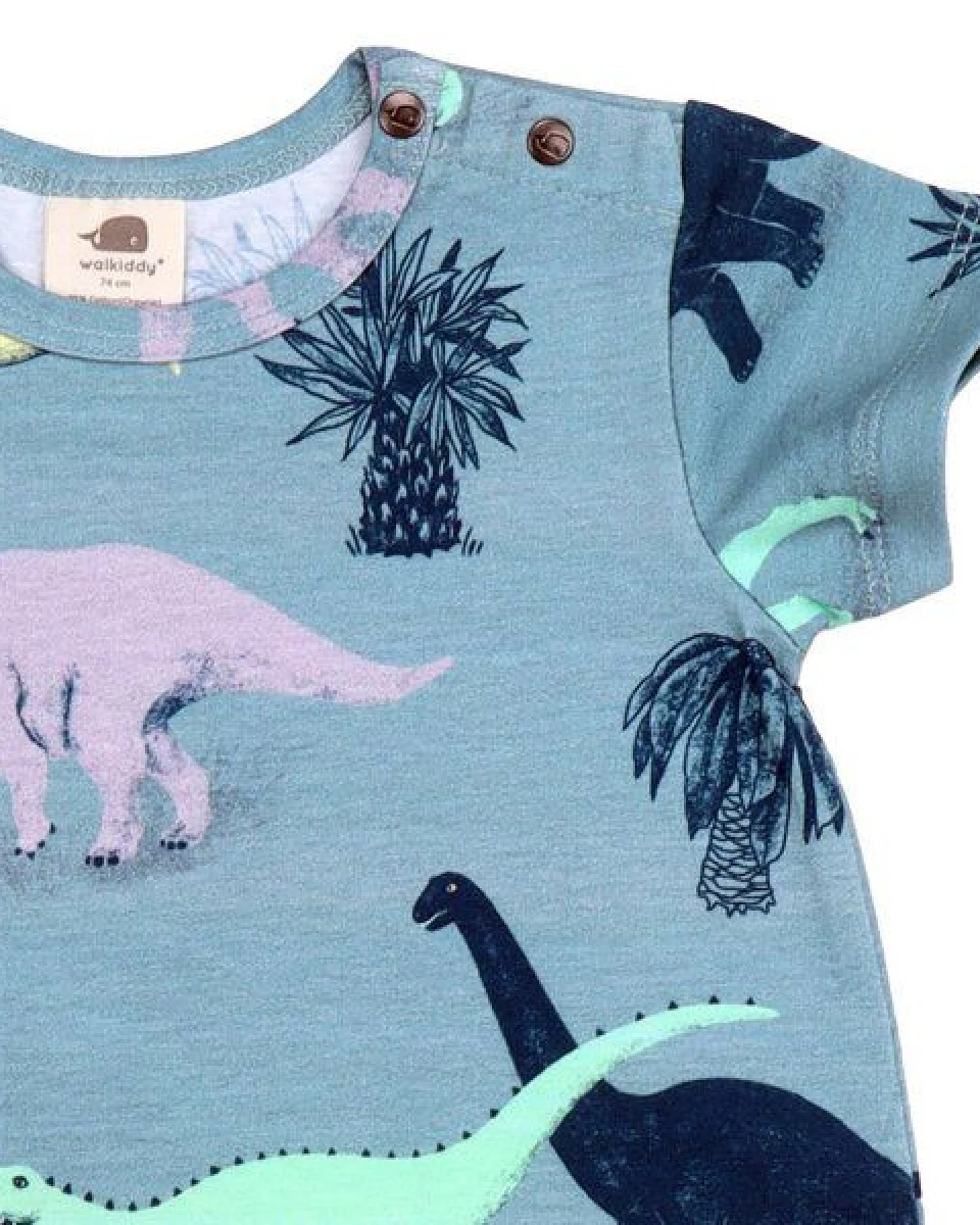 Baby Kurzarm-Body GOTS-zertifiziert aus Bio-Baumwolle, Running Dinosaurs, kurzer Beinabschluss, blau – Walkiddy, weich & spielbereit – Ansicht 3