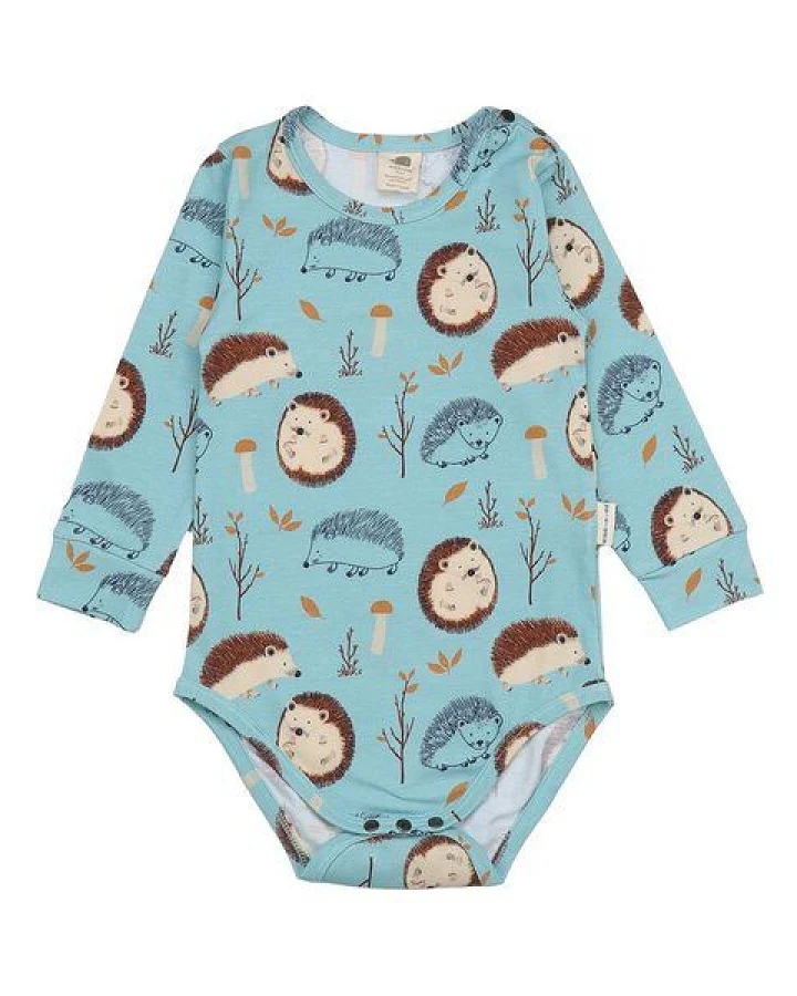Baby Langarmbody GOTS zertifiziert, Bio-Baumwolle, hellblau, Igel-Muster „Tiny Hedgehogs“, weich – Walkiddy